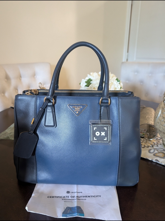 Prada Handbags - Prada Navy Saffiano Leather Tote with Gold Hardware